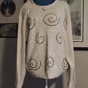 Dana Scott Beaded Silk Blend Cream and Gold Sweater Size Large